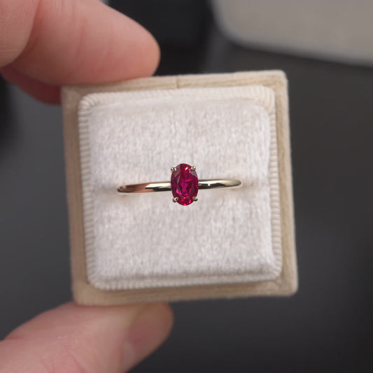Lab Ruby Solitaire Ring - 9ct Yellow Gold Oval Design