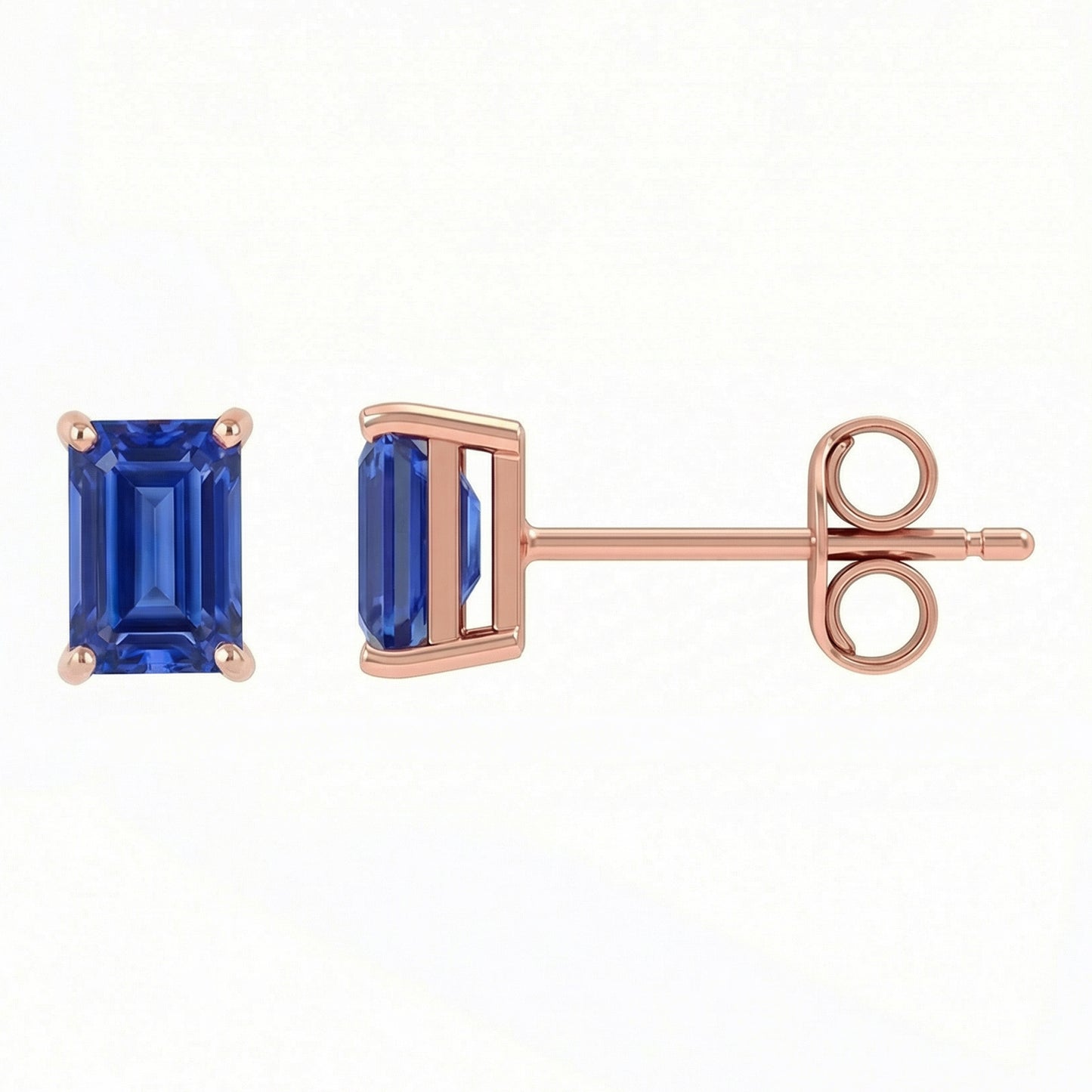 A pair of rose gold stud earrings featuring rectangular emerald-cut blue sapphires, shown from the front and side profile on a clean white background.