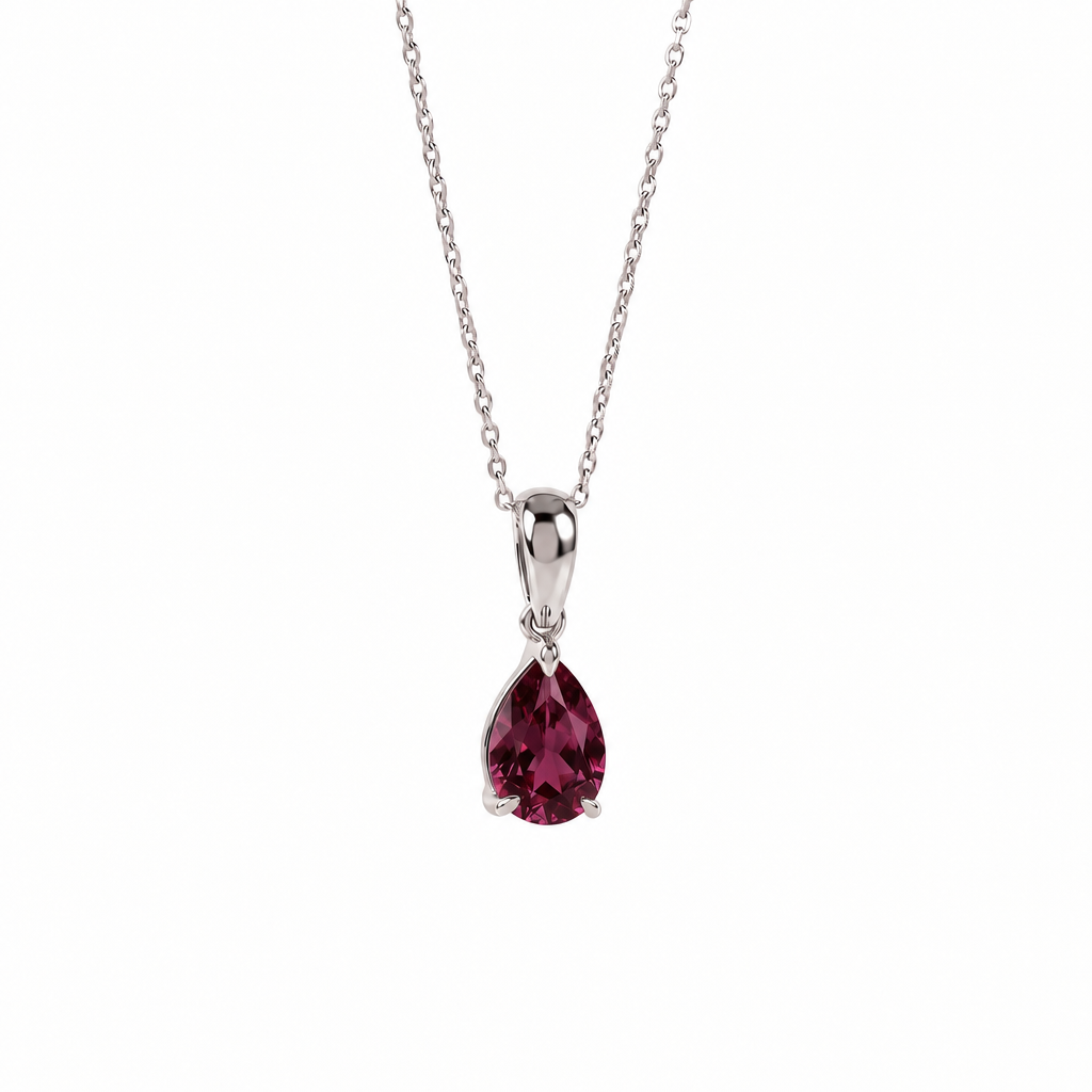 Rhodolite garnet teardrop necklace with a deep pink gemstone in sterling silver, AI visualisation.