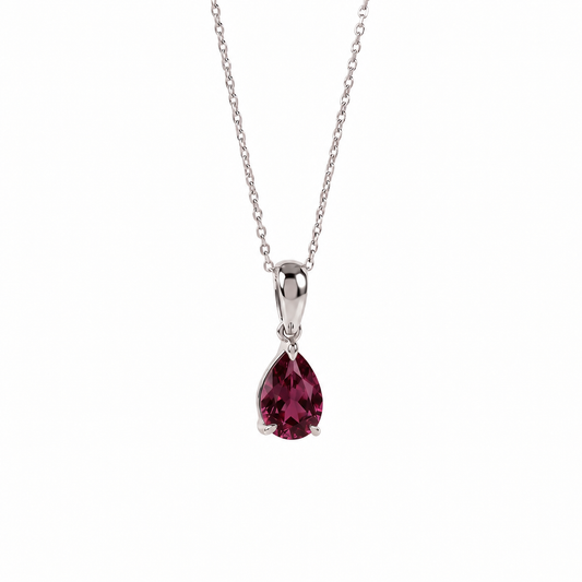 Rhodolite garnet teardrop necklace with a deep pink gemstone in sterling silver, AI visualisation.