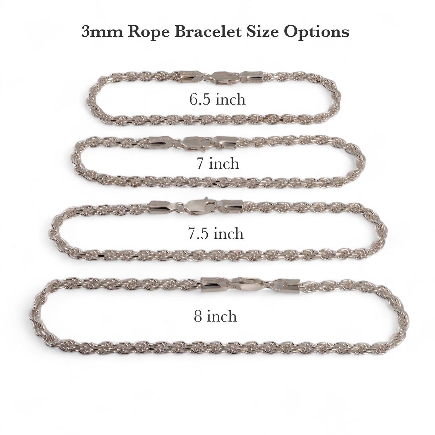 3mm silver rope bracelet size guide showing 6.5 to 8 inch options
