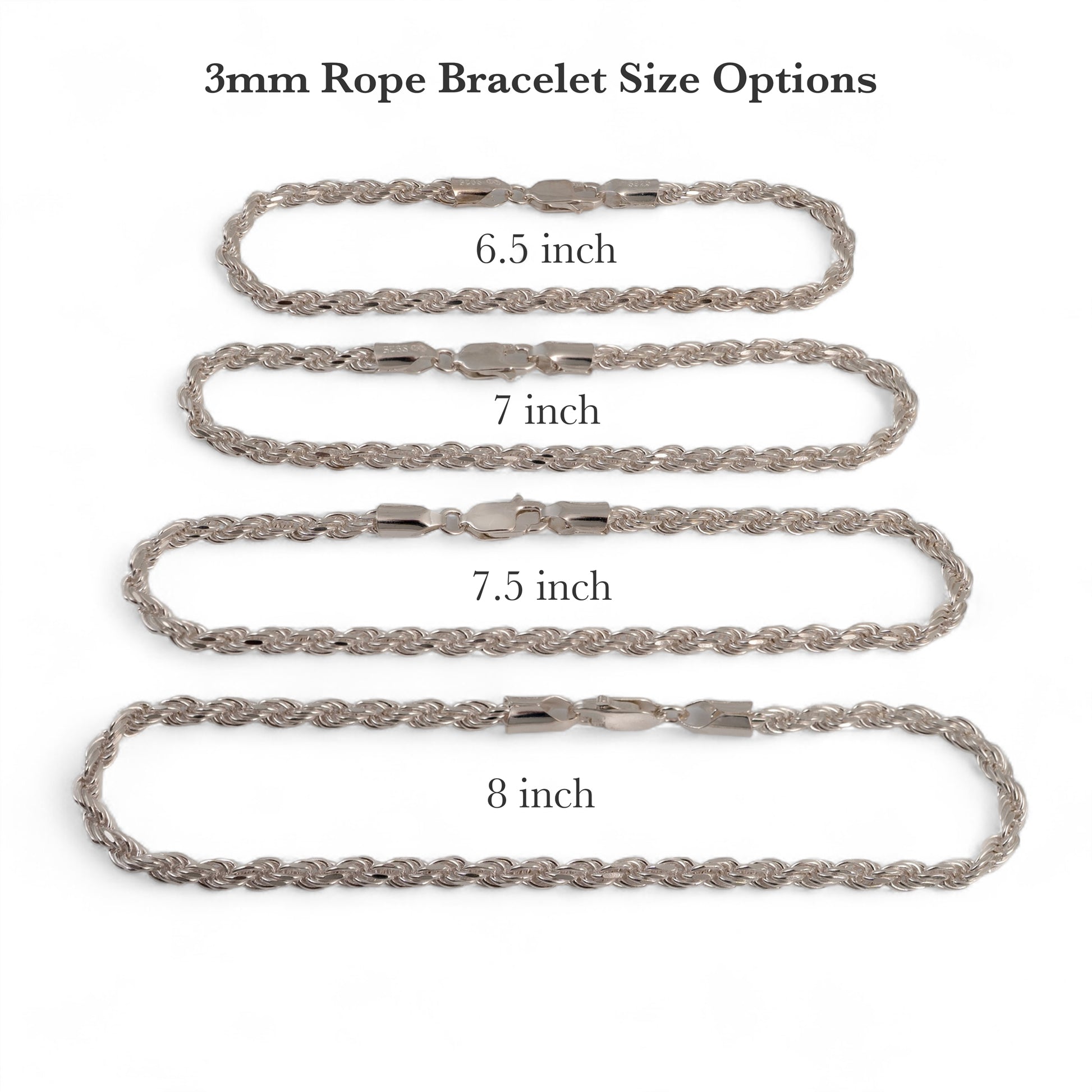 3mm silver rope bracelet size guide showing 6.5 to 8 inch options