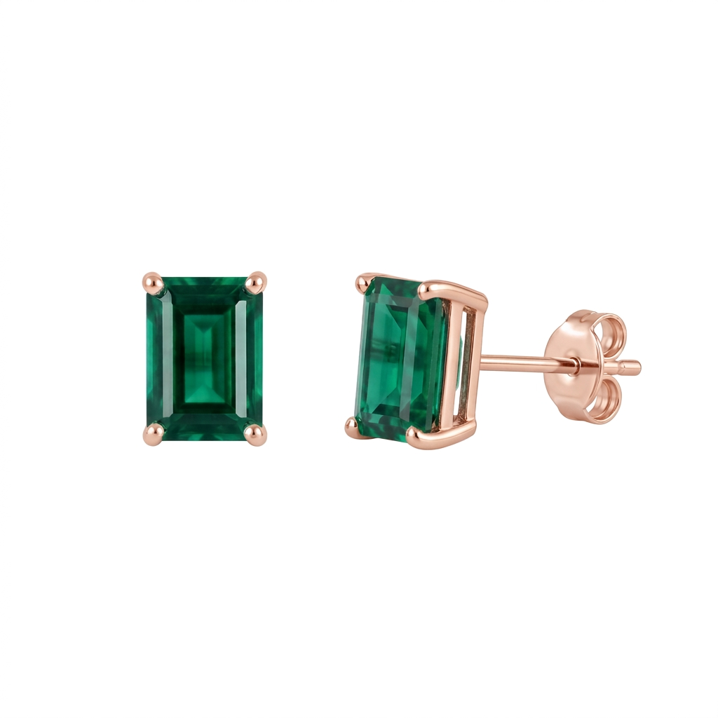 Rose gold emerald earrings with deep green 4 x 6mm lab-grown emerald rectangle stones
