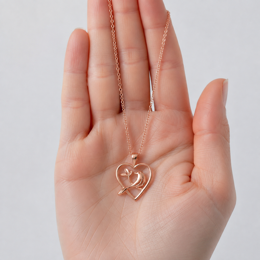 A 375 rose gold necklace with a double heart pendant featuring a small bird design, held in the palm of a hand against a light gray background.