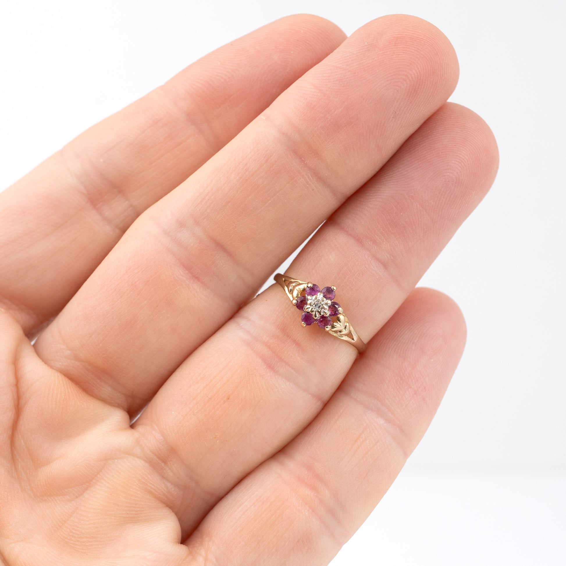 second hand ruby ring displayed on a hand