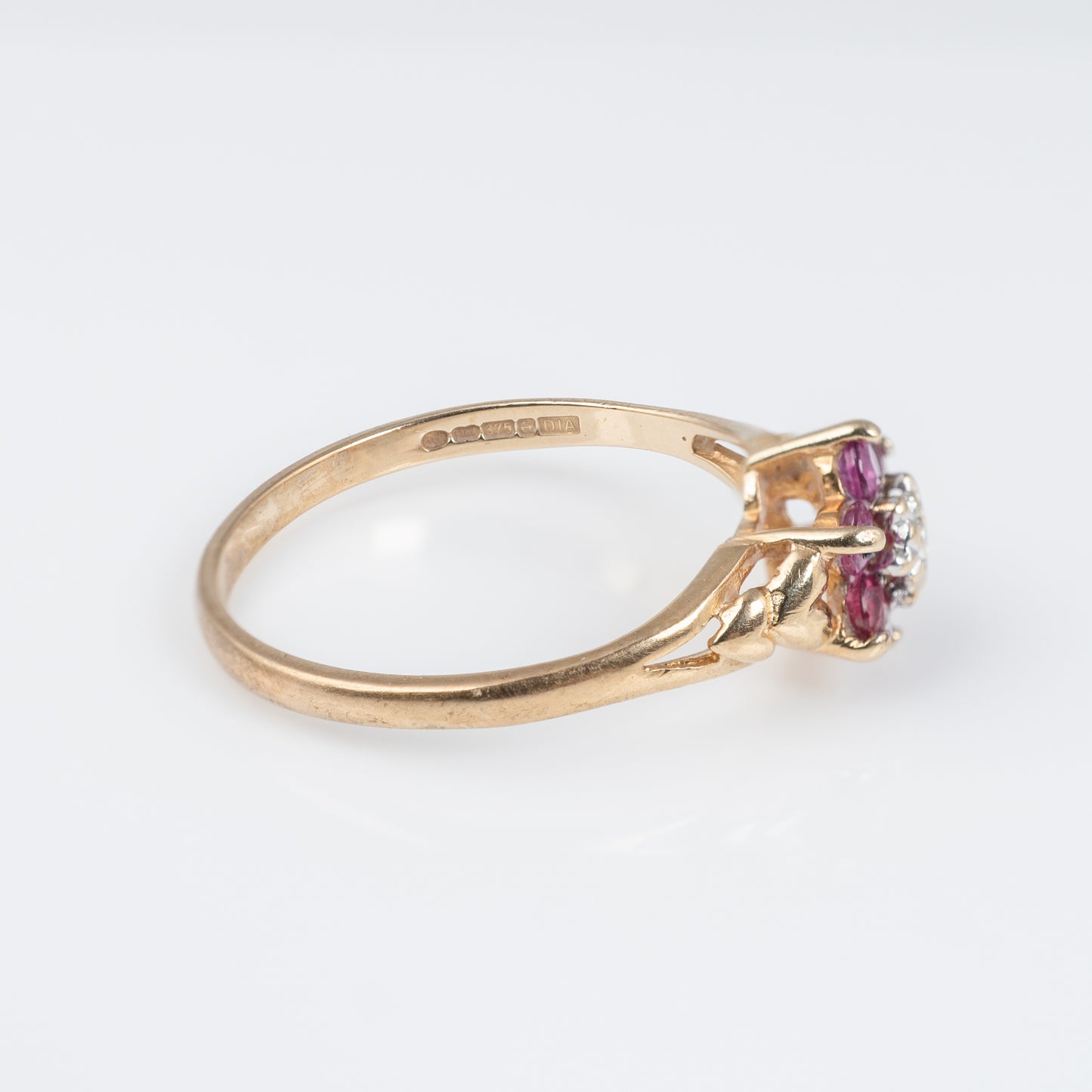 Ruby and Diamond Ring - 9ct Yellow Gold with Heart Motifs
