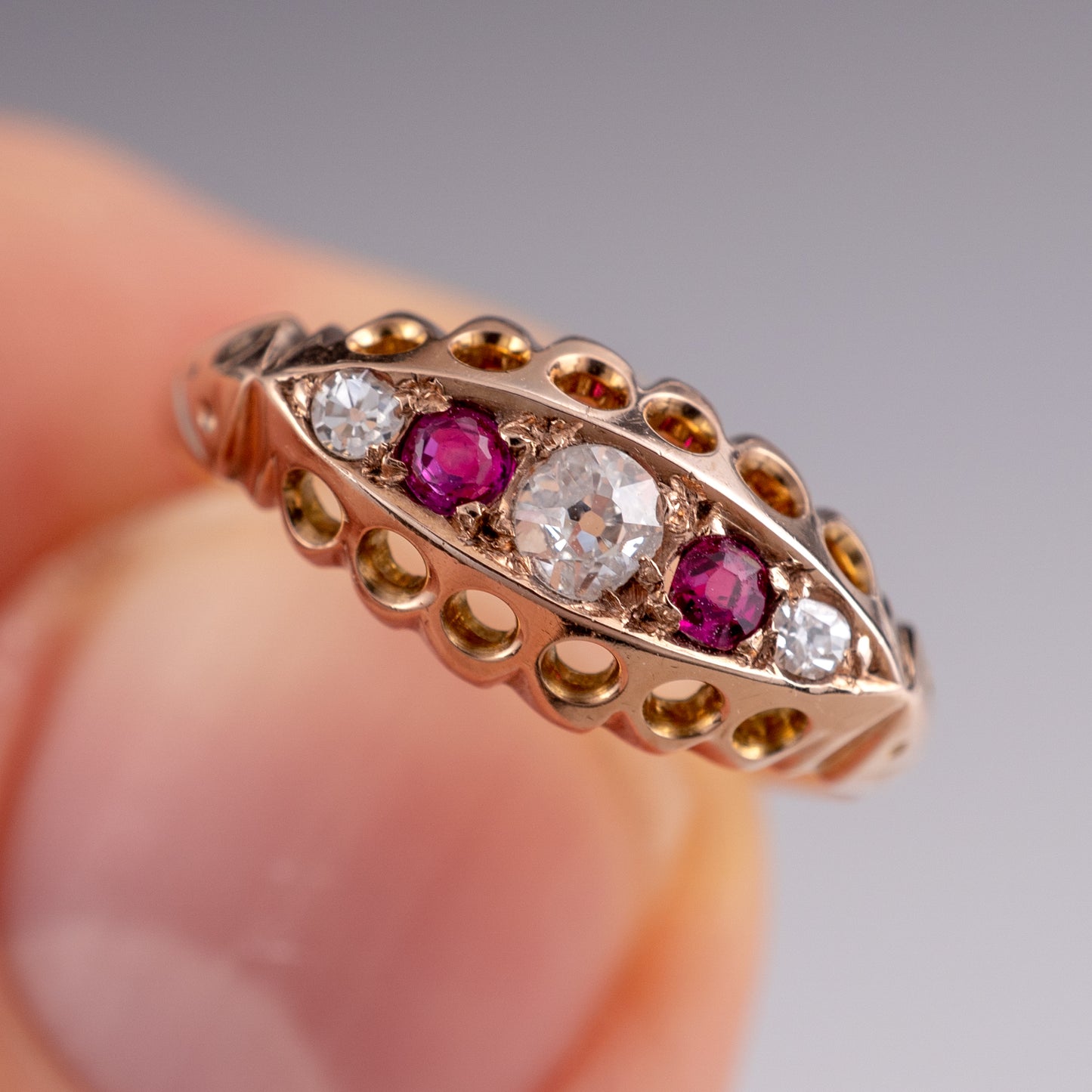 Antique 18k Rose Gold Ruby Diamond Boat Ring Chester 1916 - Hunters Fine Jewellery