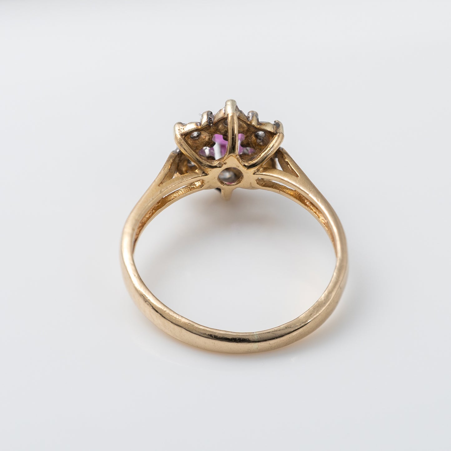 gold ruby diamond engagement ring back view of ring shank