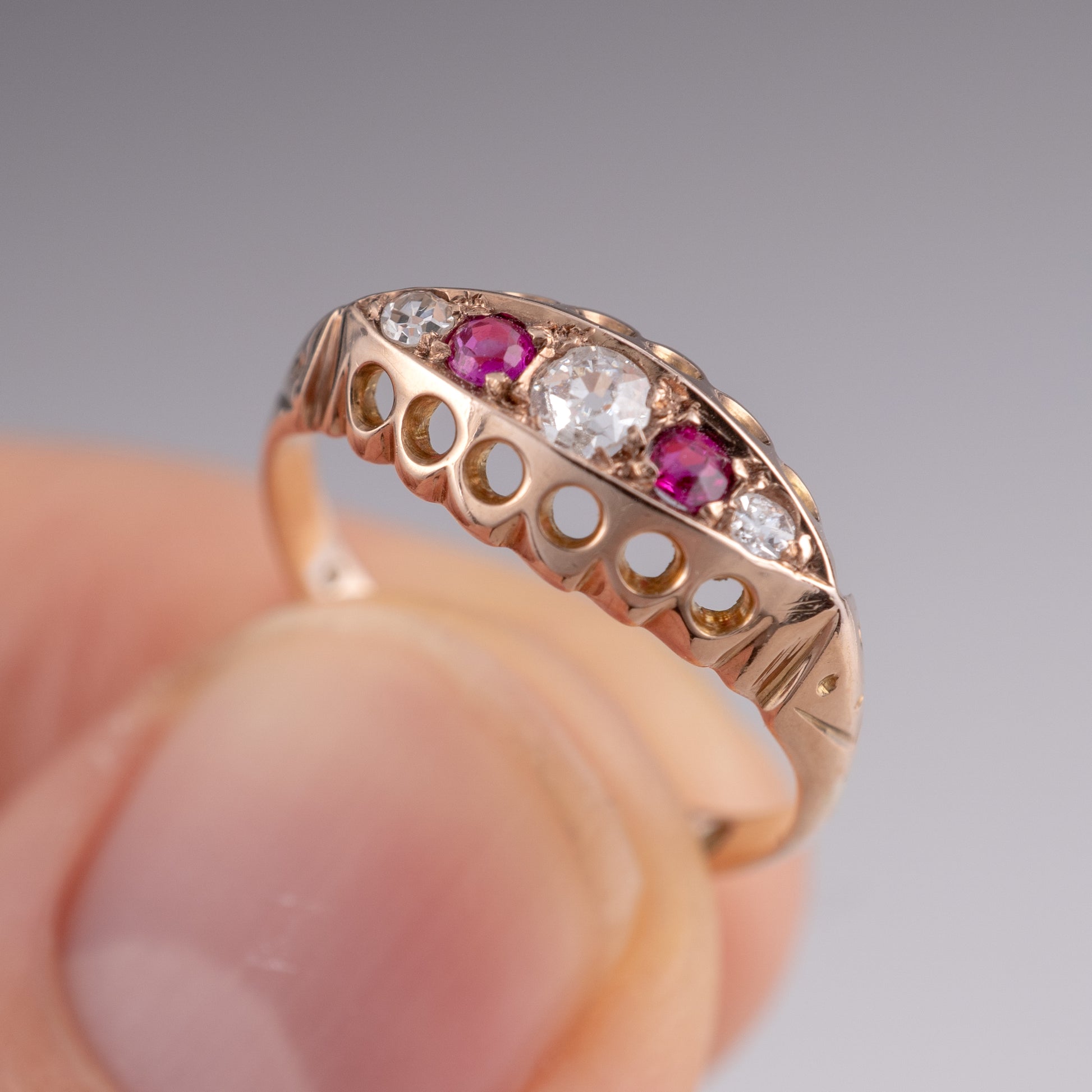 Antique 18k Rose Gold Ruby Diamond Boat Ring Chester 1916 - Hunters Fine Jewellery