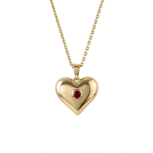 Ruby heart pendant necklace in 9ct yellow gold with lab-grown ruby front white background