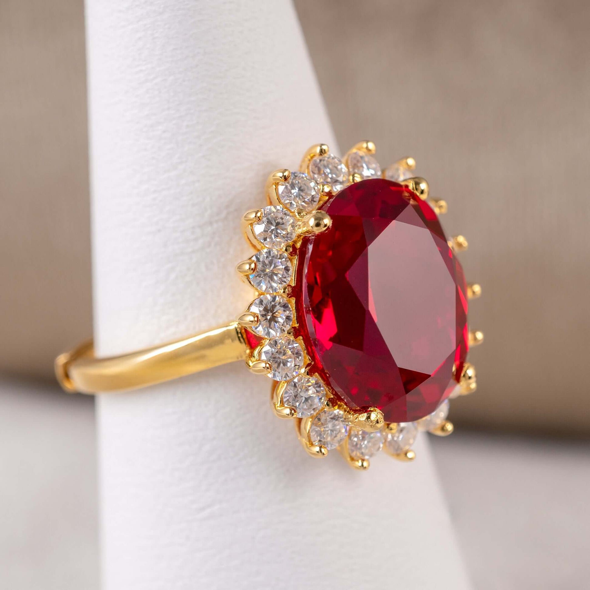 18ct gold vermeil ring with ruby and moissanite halo for July birthdays