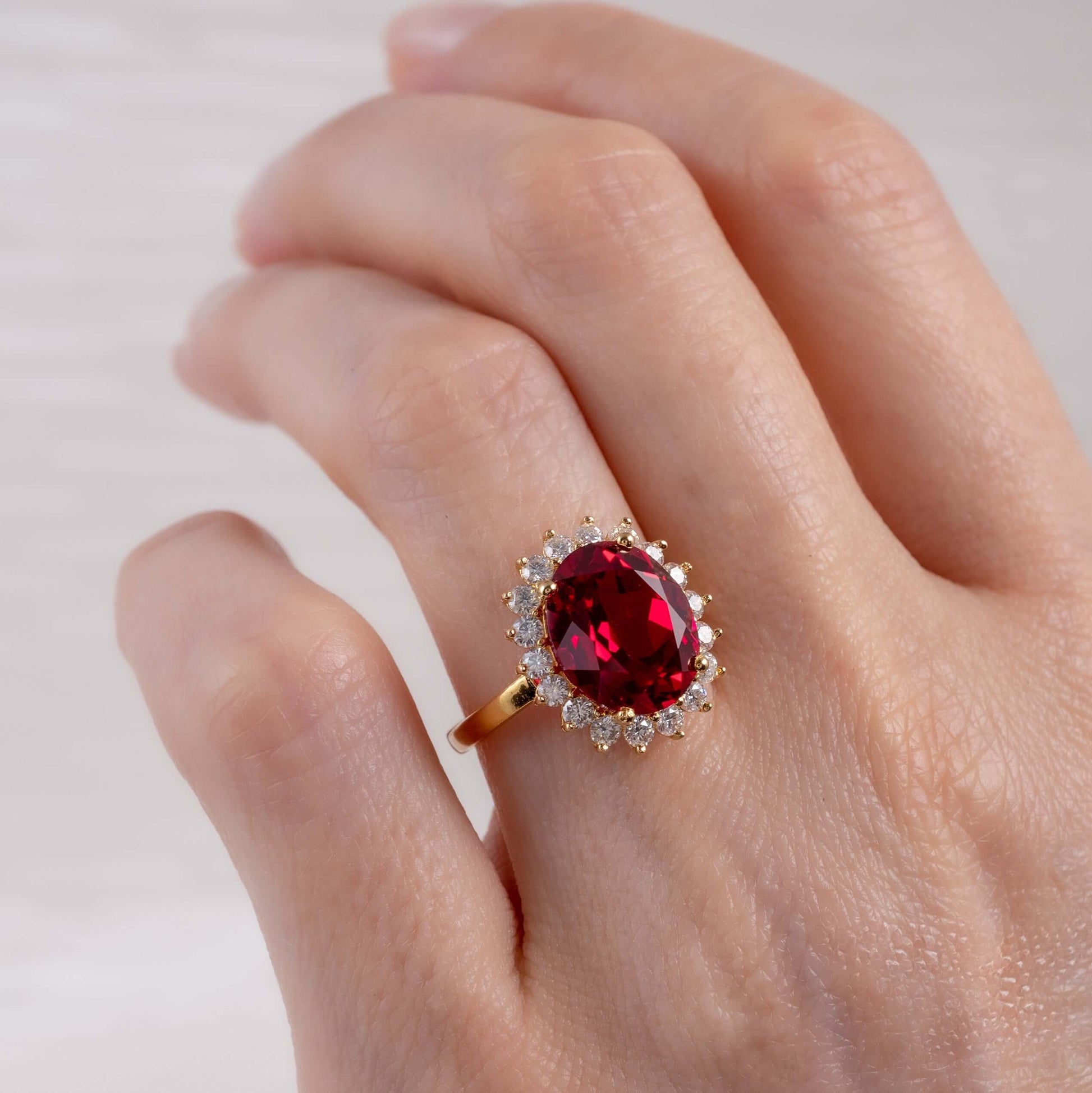 July birthstone ruby halo ring in 18ct gold vermeil setting