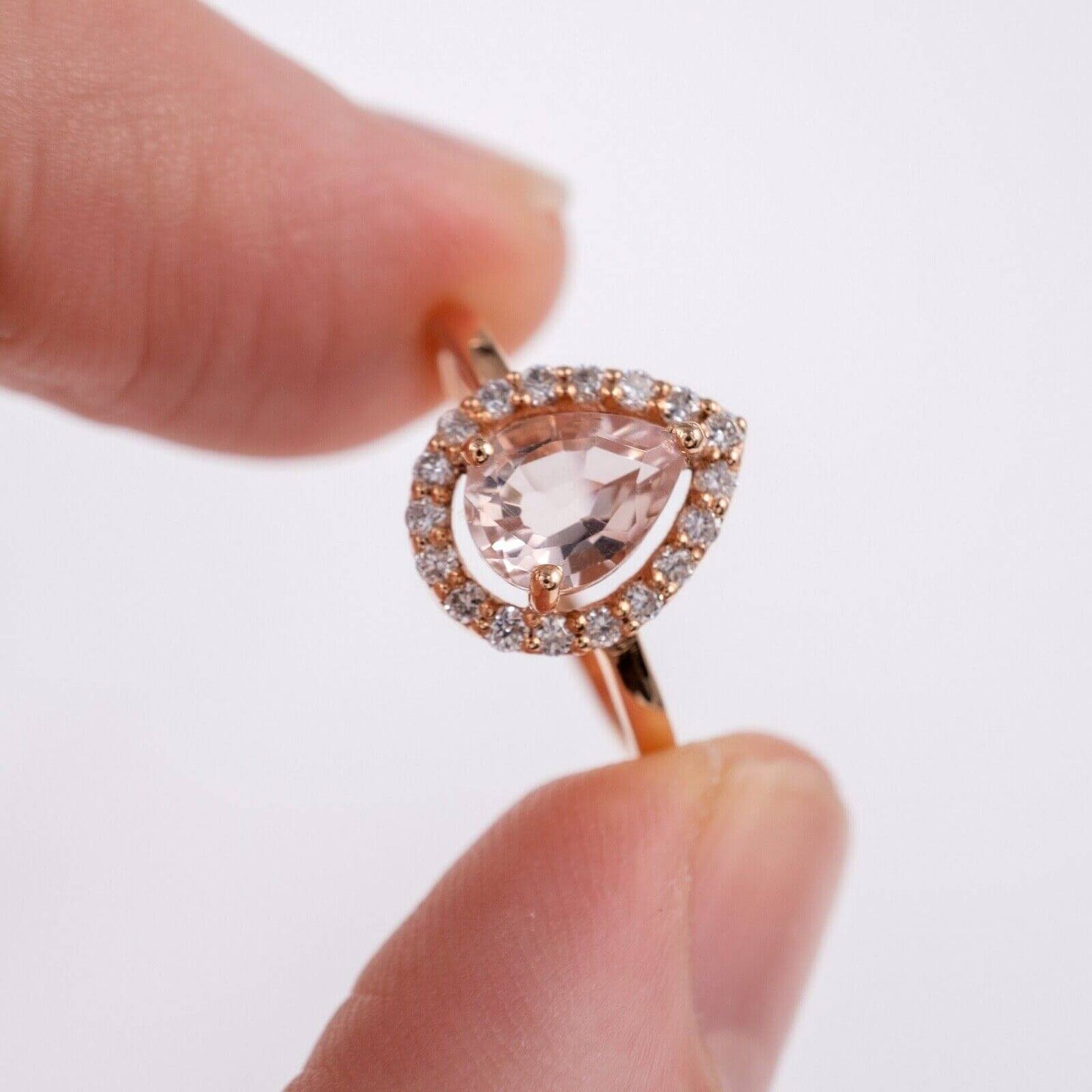 14ct Rose Gold Pear Cut Morganite Diamond Halo Ring Size M 1/2 - Hunters Fine Jewellery