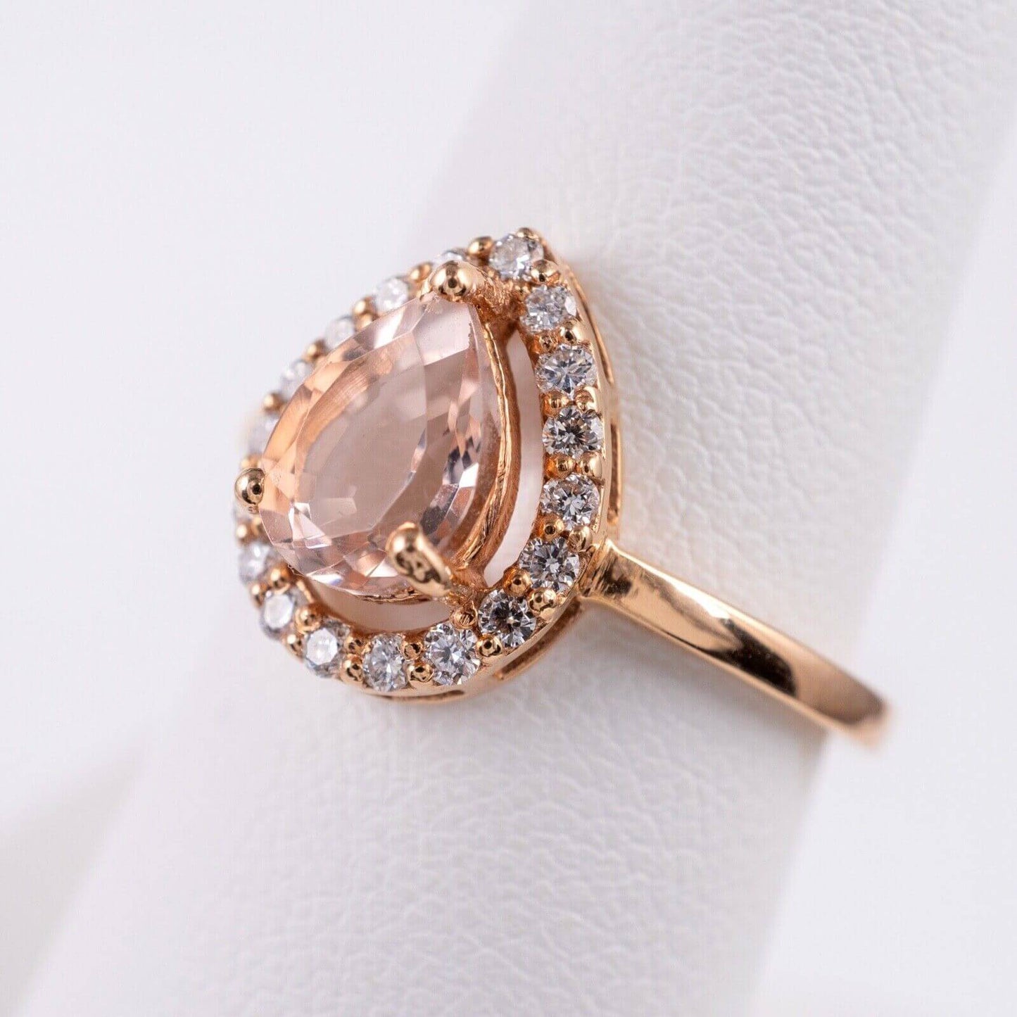 14ct Rose Gold Pear Cut Morganite Diamond Halo Ring Size M 1/2 - Hunters Fine Jewellery