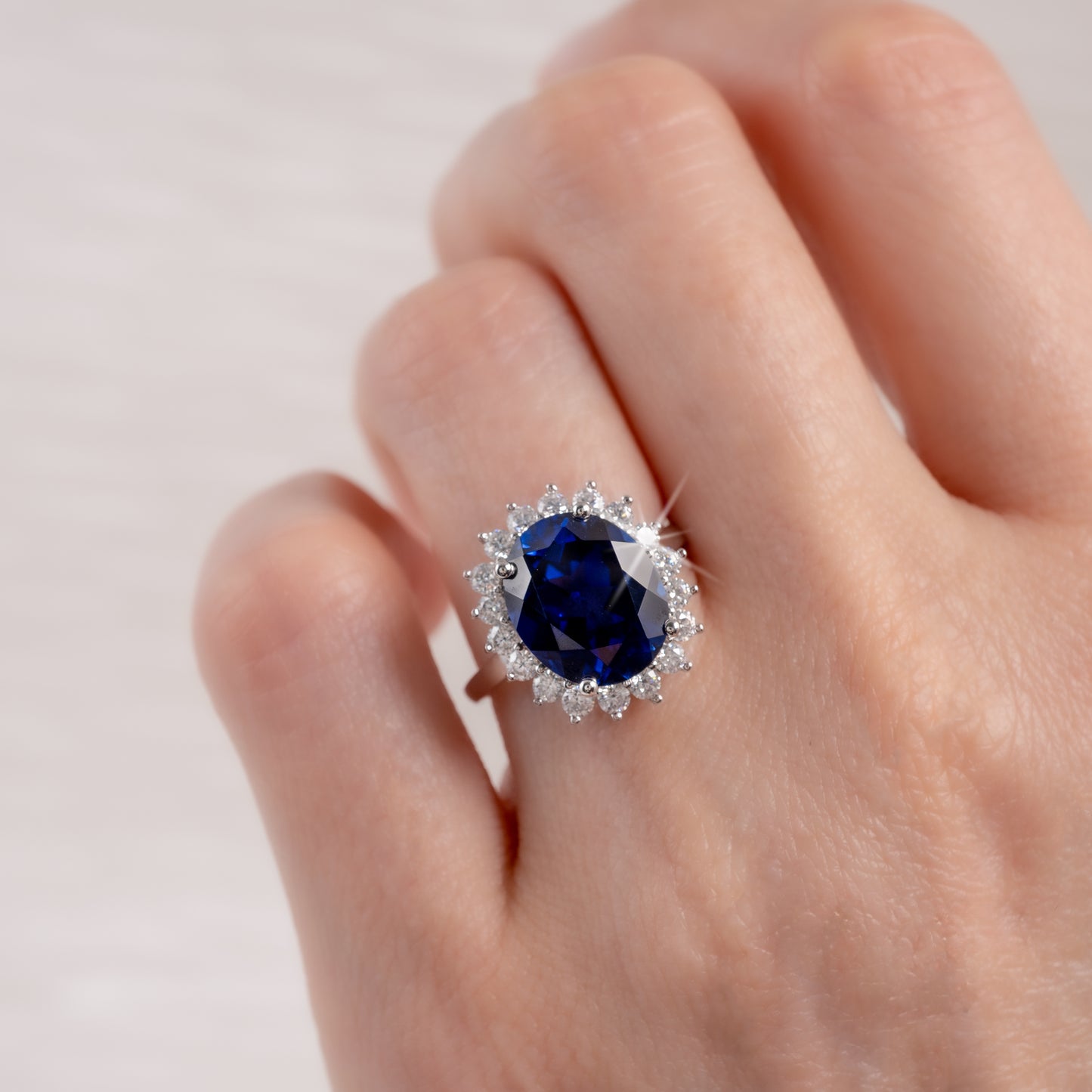 Lab Blue Sapphire Halo Ring Adjustable Silver Statement Ring