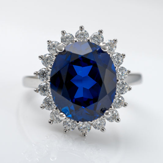 Lab Blue Sapphire Halo Ring Adjustable Silver Statement Ring