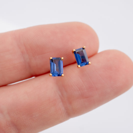 Lab Blue Sapphire Earrings Yellow Gold Plated Silver
