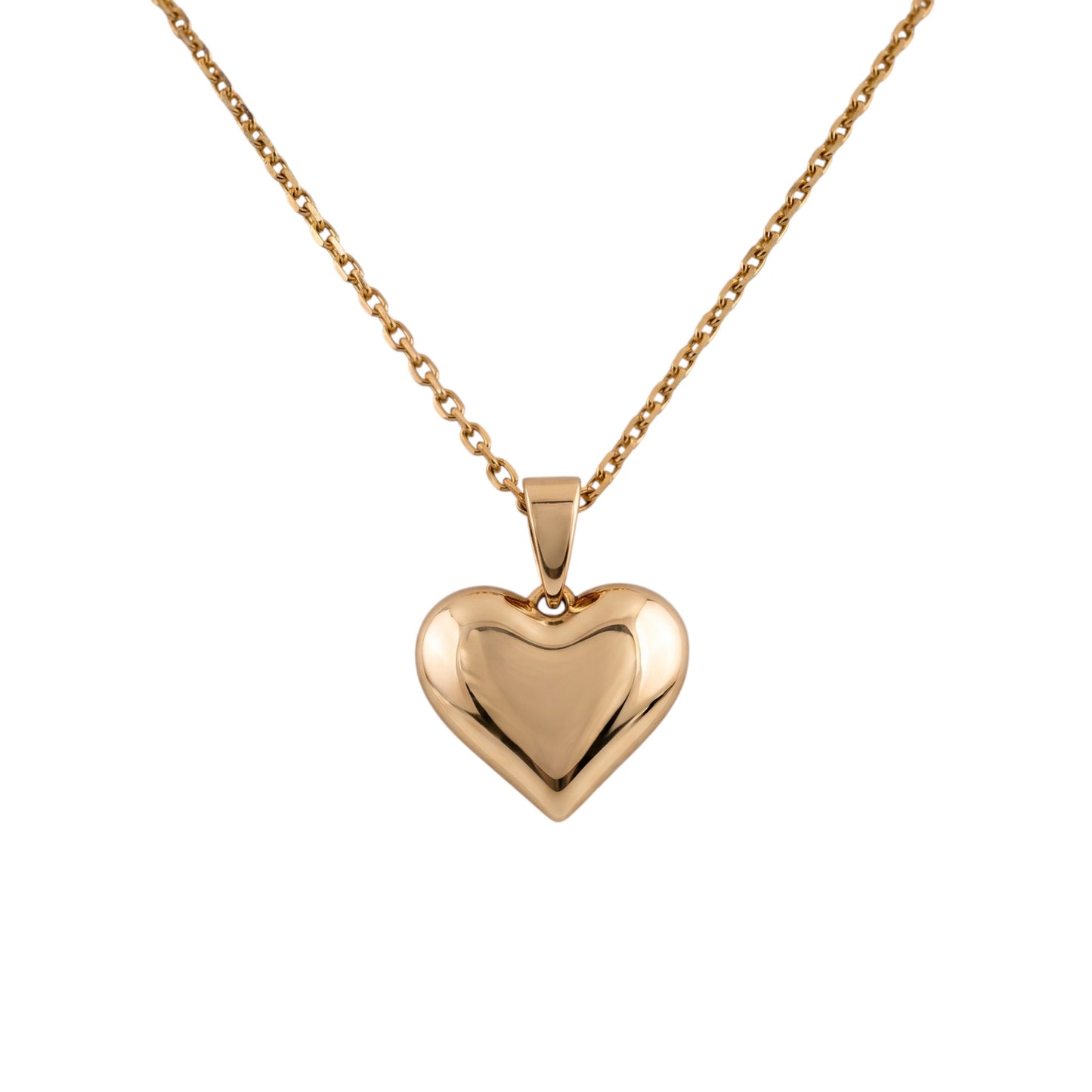 A polished yellow gold heart pendant necklace on a matching chain, shown against a plain white background.