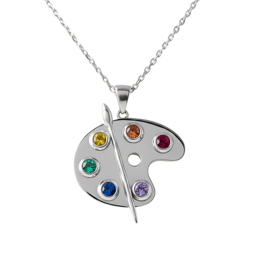 Silver Artist Palette Necklace featuring colorful gemstones on a white background