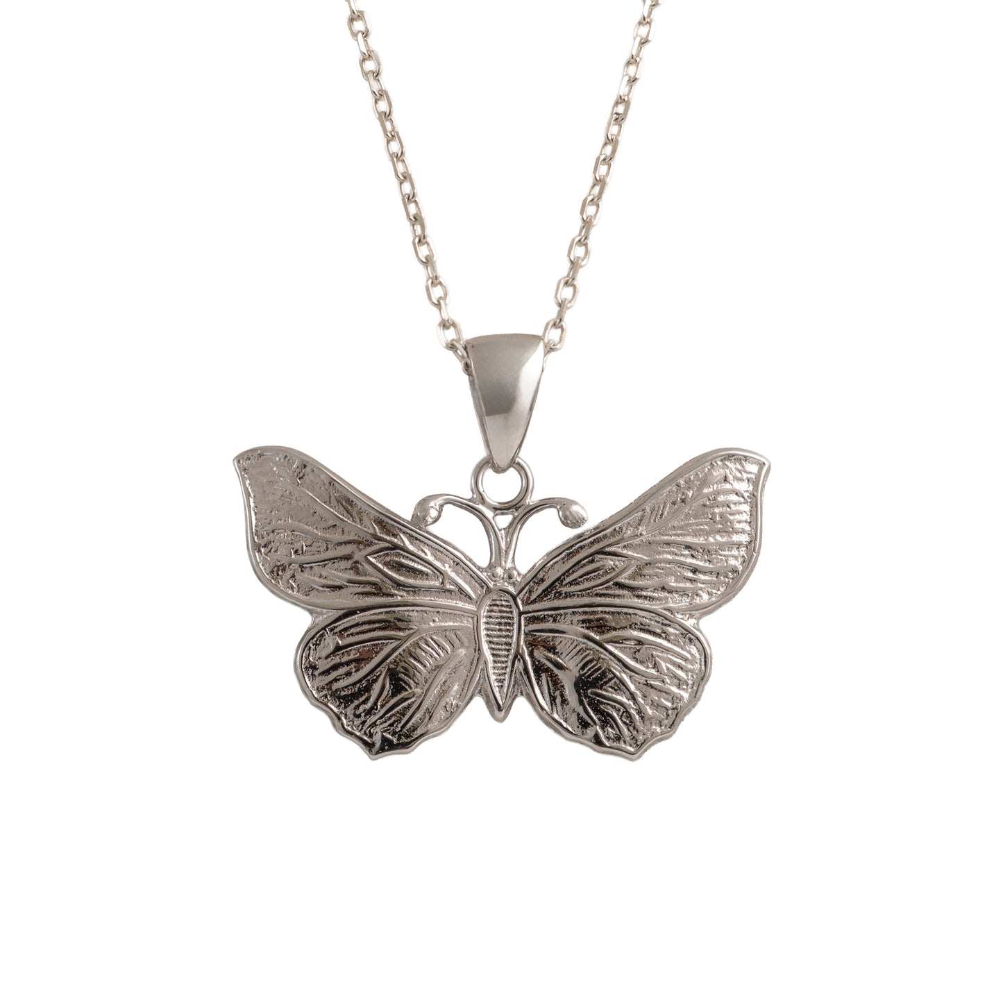 Silver butterfly pendant on a chain against a white background