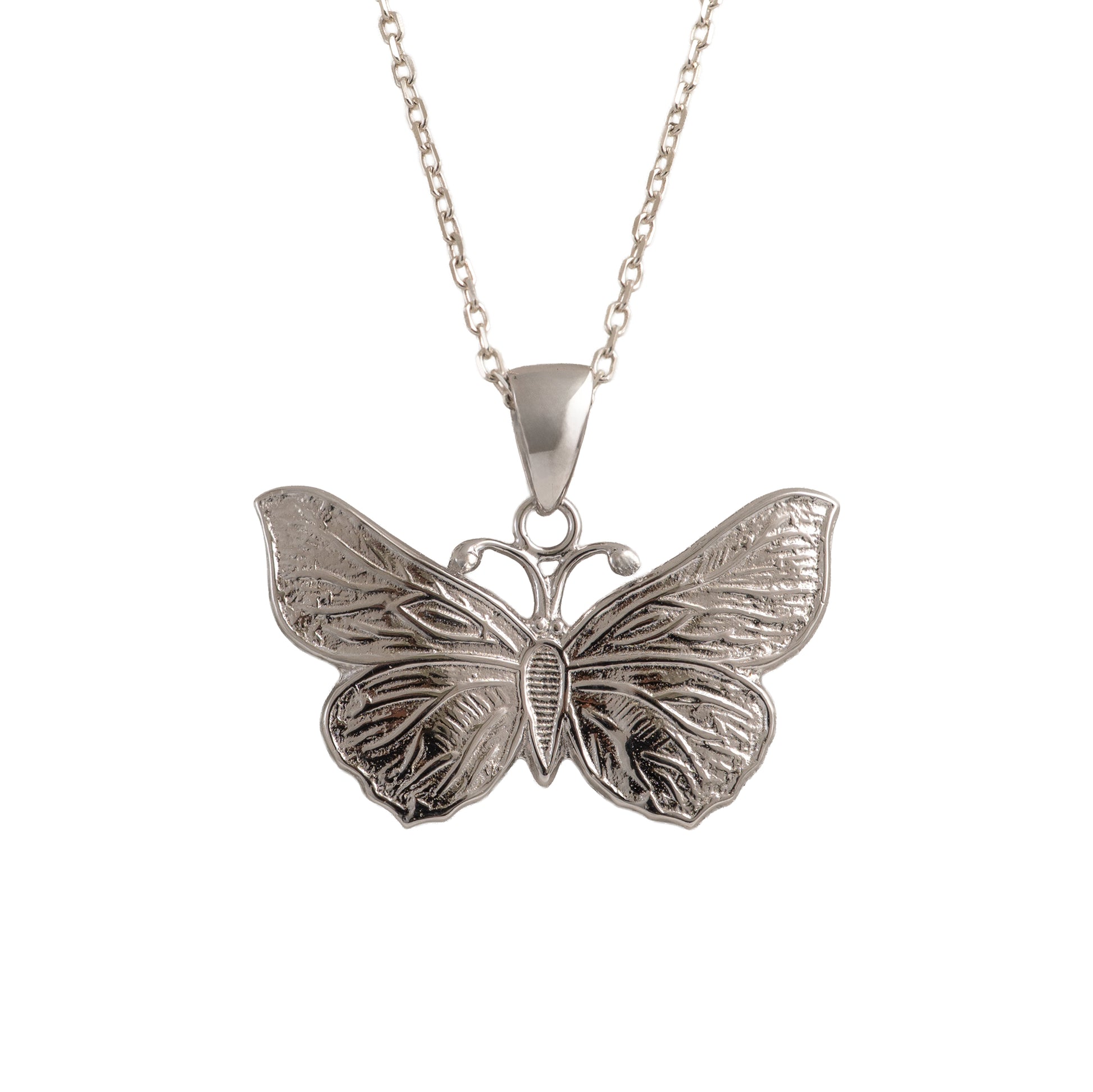 Silver butterfly pendant on a chain against a white background