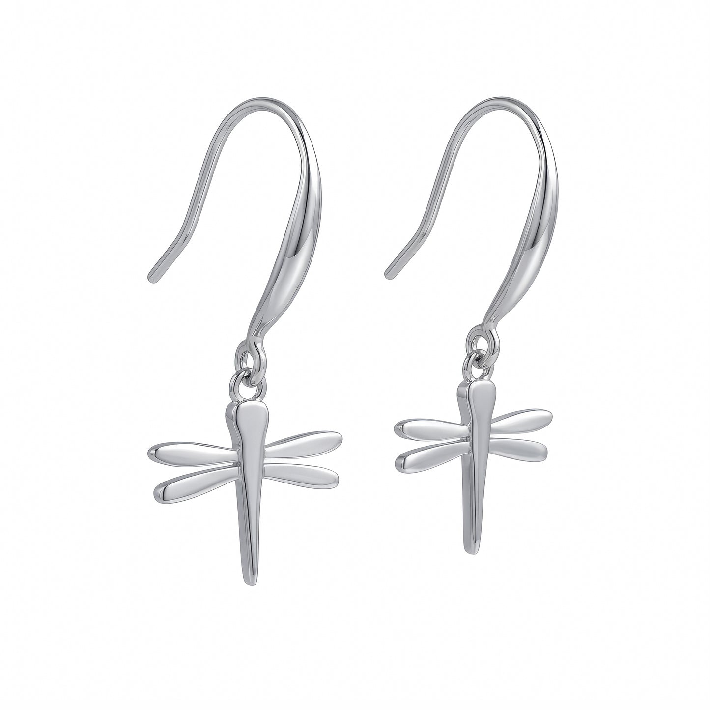 A pair of silver dragonfly drop earrings with curved fishhook backs, shown on a plain white background.