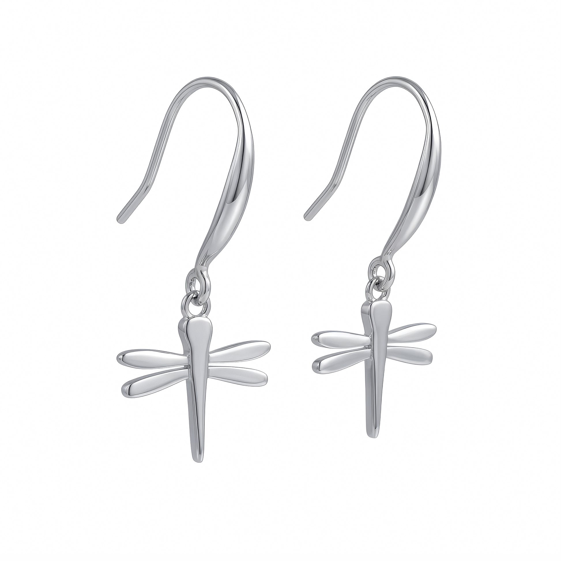A pair of silver dragonfly drop earrings with curved fishhook backs, shown on a plain white background.