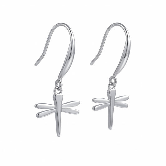 A pair of silver dragonfly drop earrings with curved fishhook backs, shown on a plain white background.
