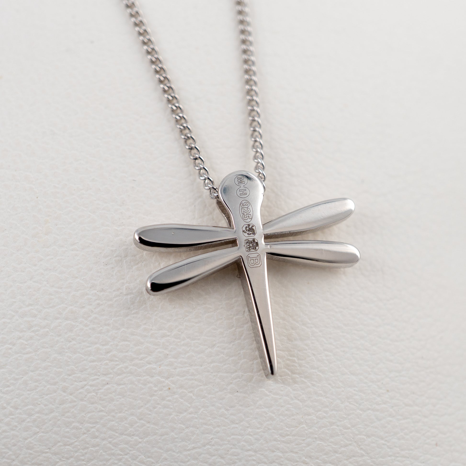Silver dragonfly pendant necklace with Edinburgh assay hallmarks and hunters fine jewellery mark