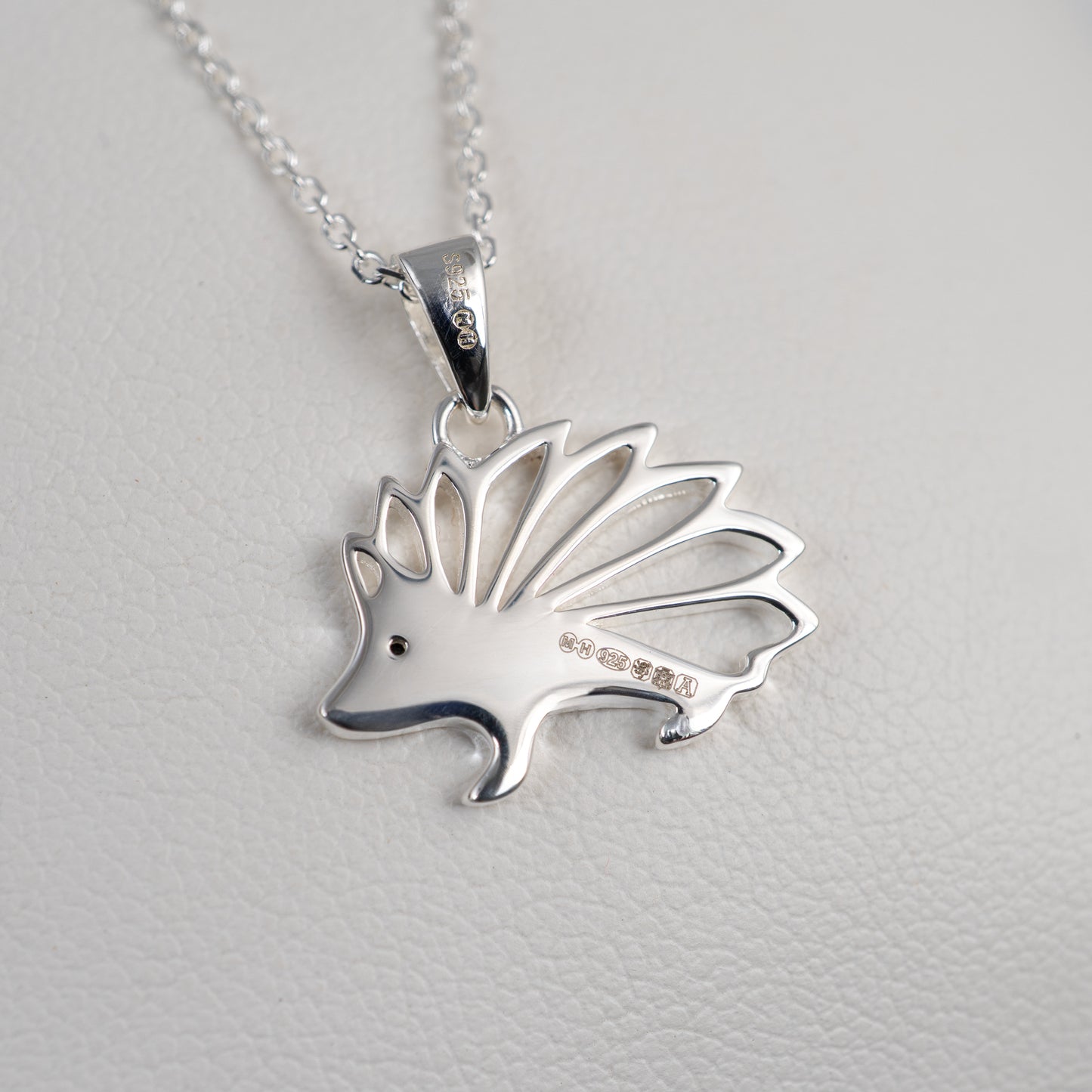 Hallmarked silver hedgehog pendant – British Assay marks confirming sterling silver purity