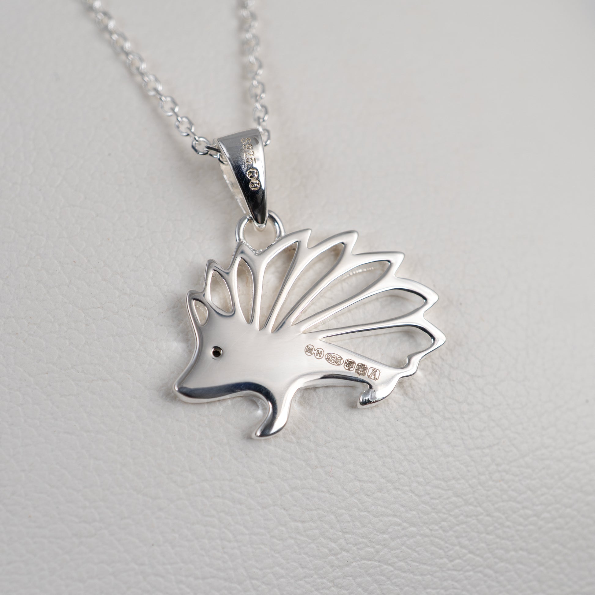Hallmarked silver hedgehog pendant – British Assay marks confirming sterling silver purity