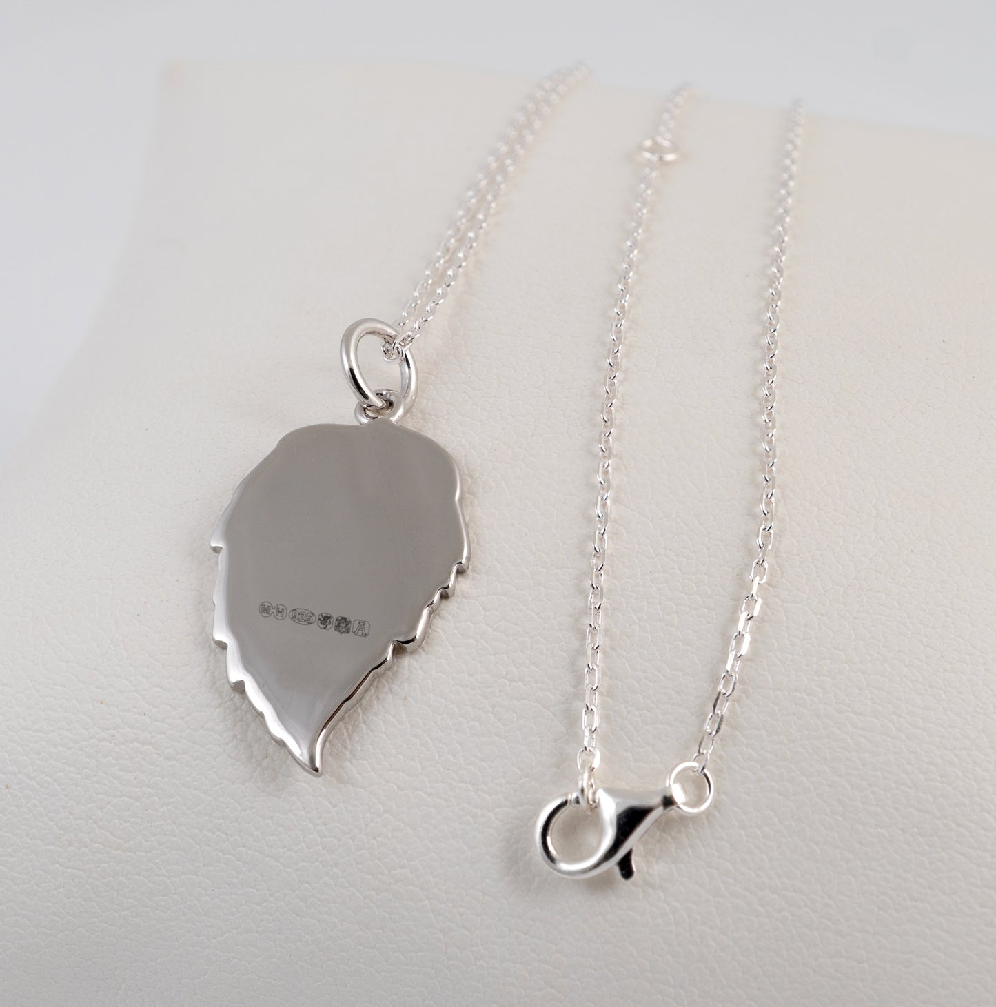 Silver leaf necklace  pendant reverse side with Edinburgh assay hallmarks