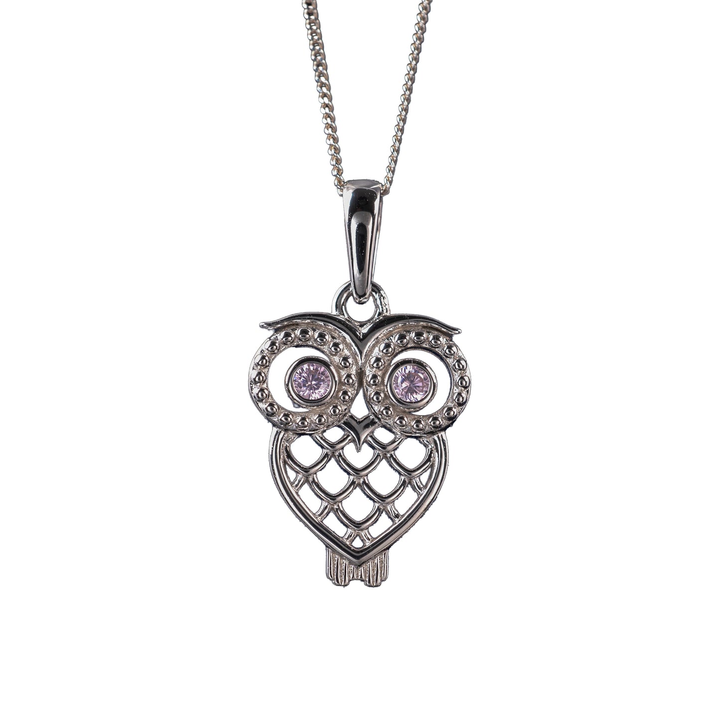 Silver owl pendant with pink gemstones on a white background