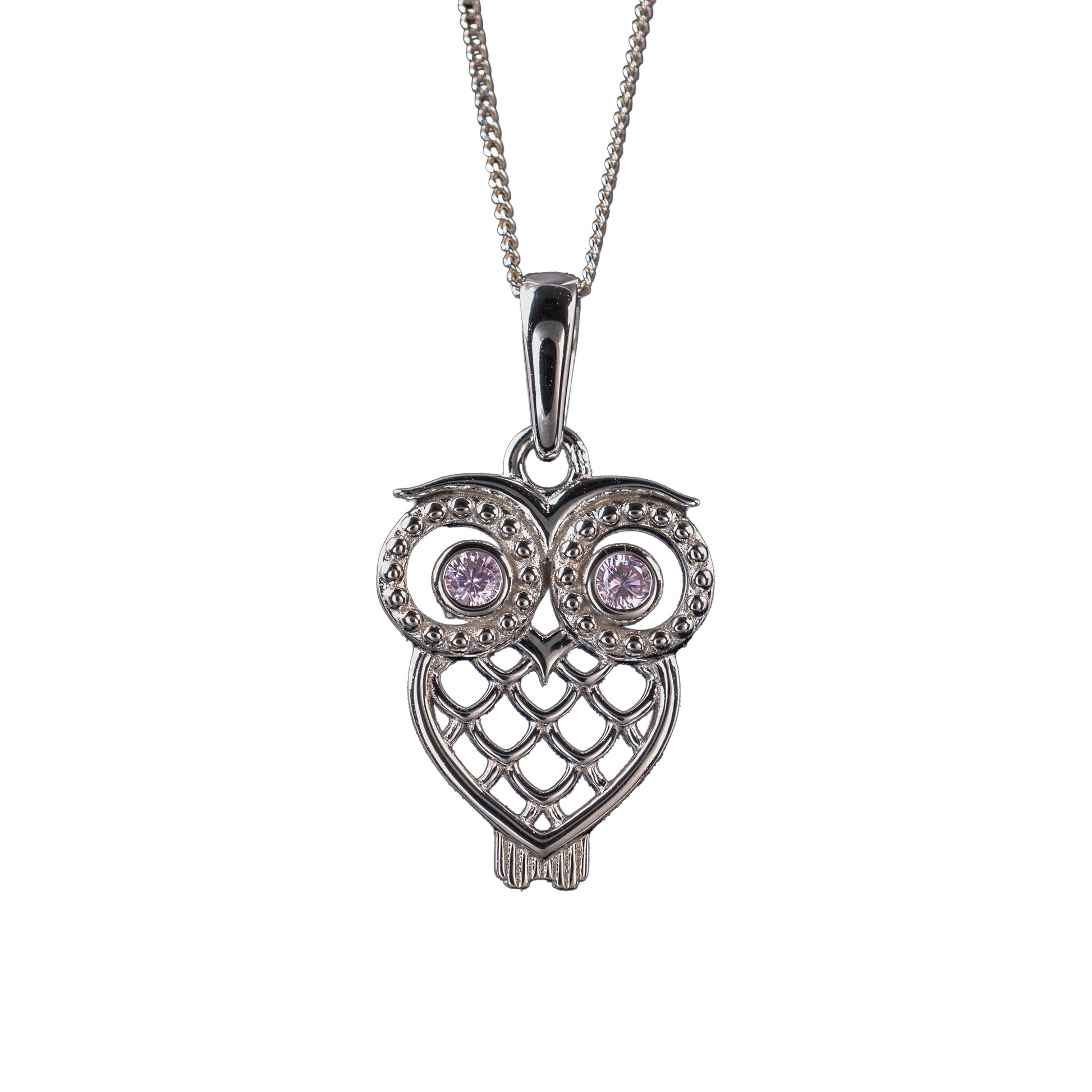 Silver owl pendant with pink gemstones on a white background