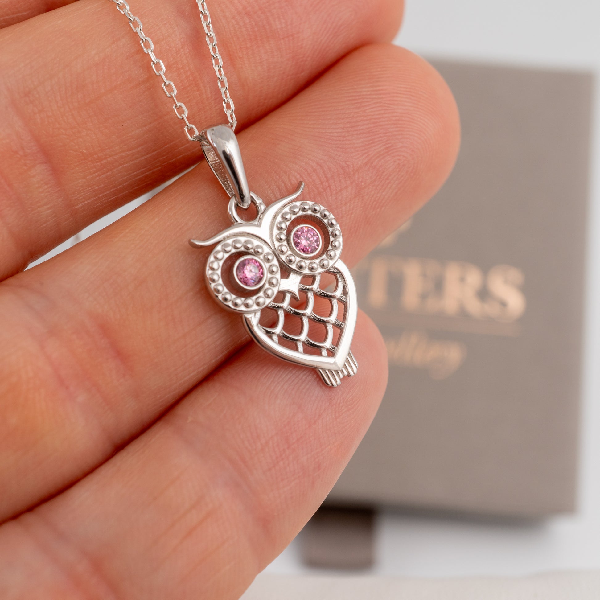 Silver owl pendant with pink stones held in a hand, with a blurred background
