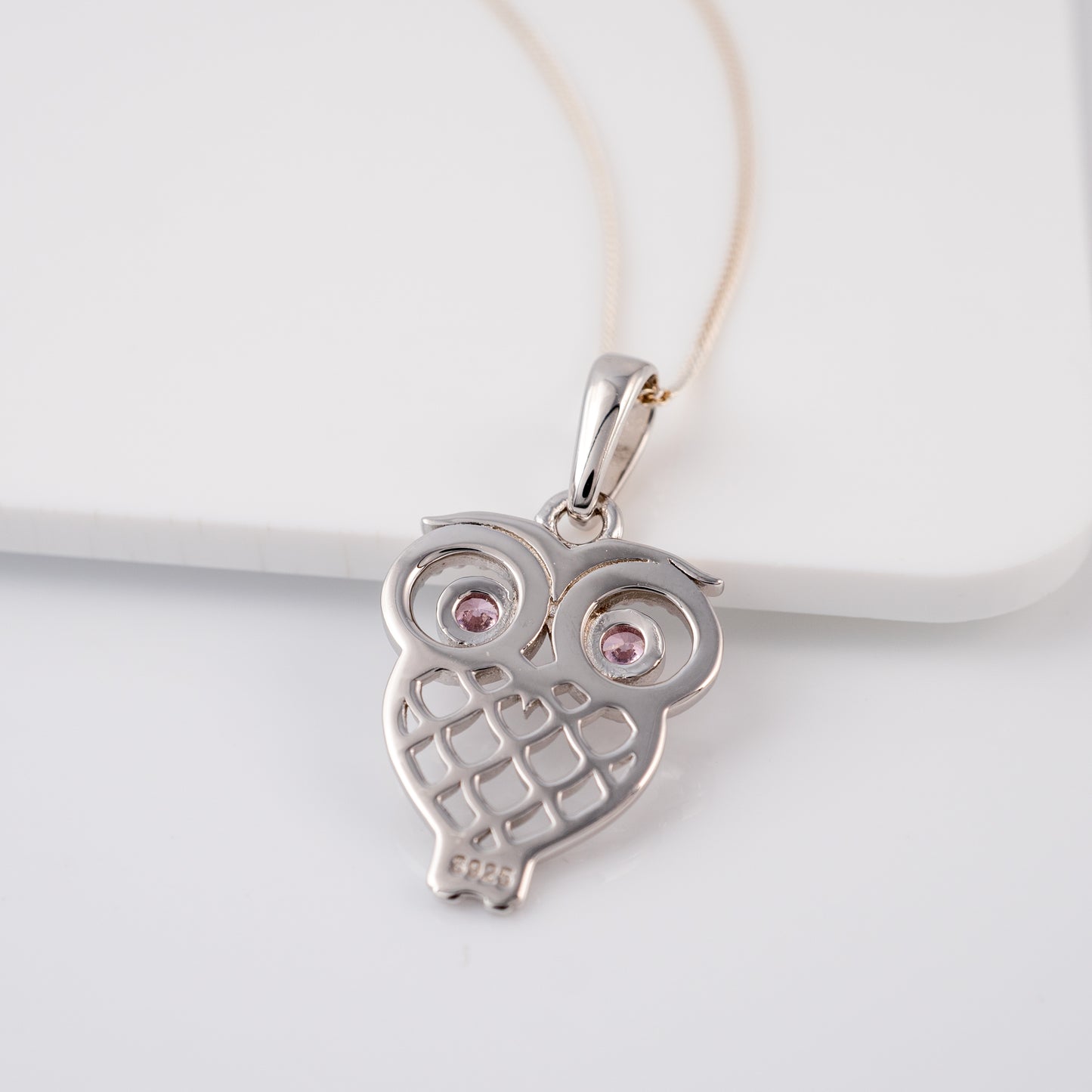 Silver Owl Necklace with Pink Gemstone Eyes