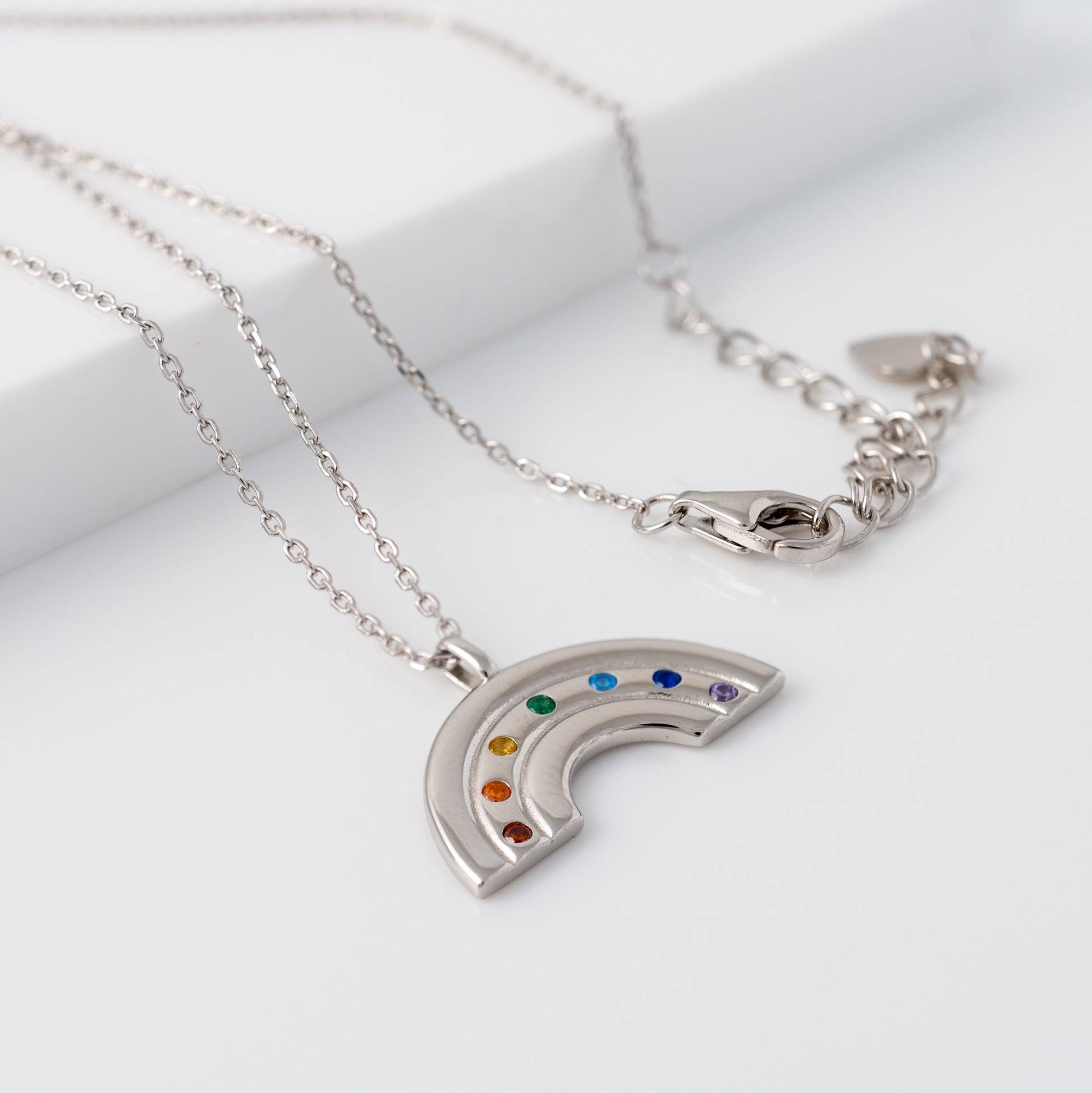 Sterling silver rainbow pendant with rainbow colour CZ stones and adjustable chain