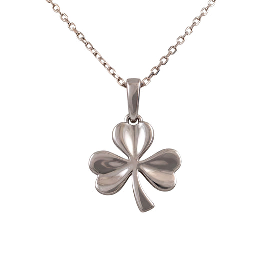Silver shamrock necklace in sterling silver with three heart-shaped leaves white background