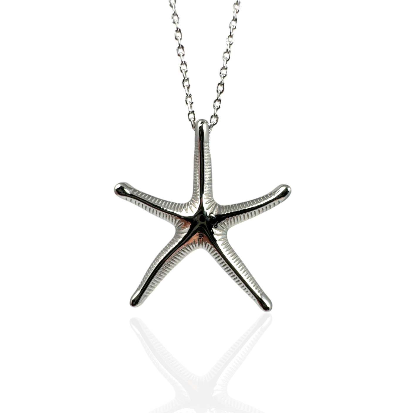 Sterling silver starfish necklace on white background