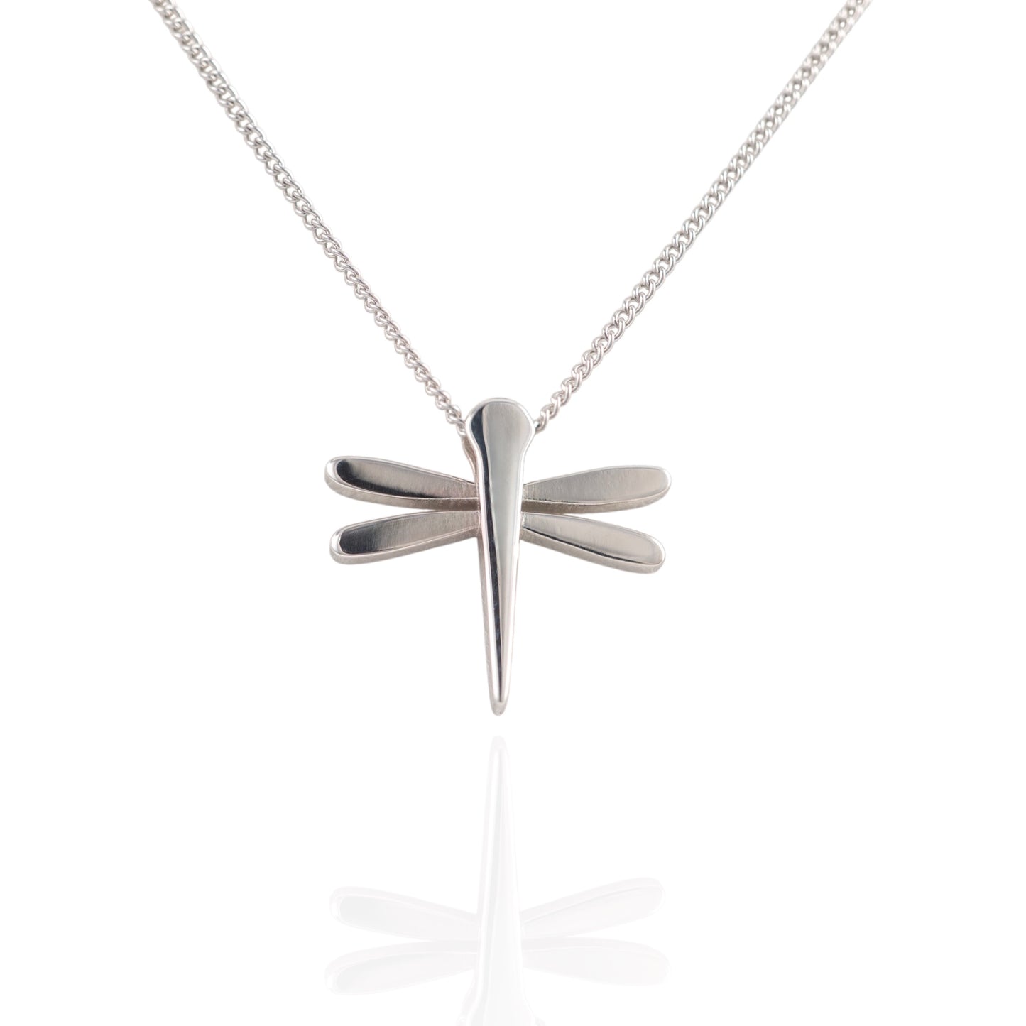 Silver dragonfly necklace rhodium plated silver pendant on a chain against a white background