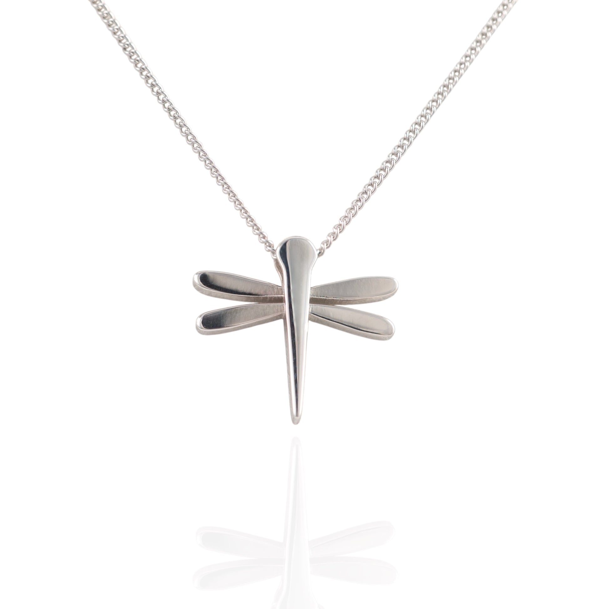 Silver dragonfly necklace rhodium plated silver pendant on a chain against a white background