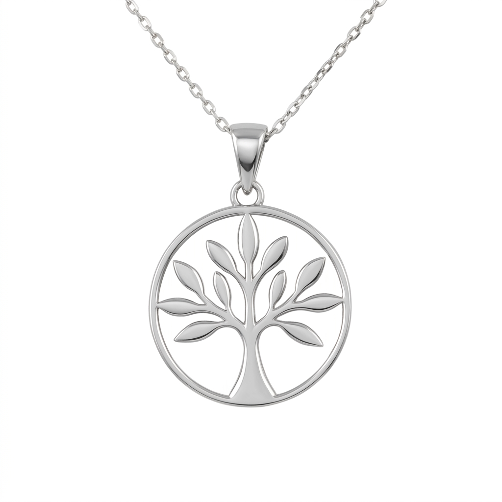 A silver tree of life pendant necklace with a circular frame and delicate chain, shown on a plain white background.