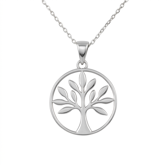A silver tree of life pendant necklace with a circular frame and delicate chain, shown on a plain white background.