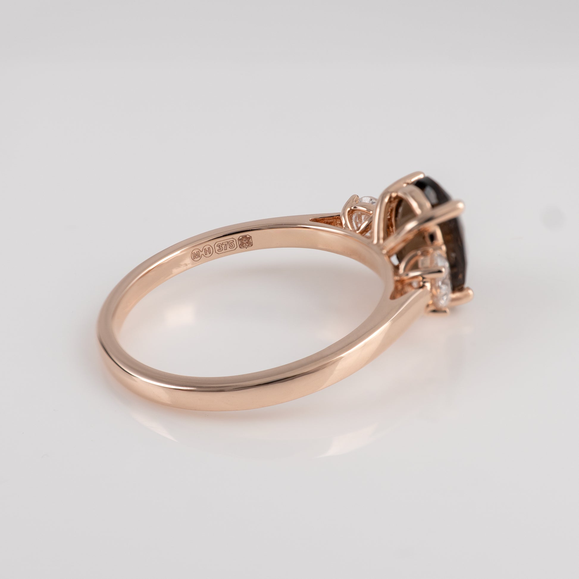 smoky quartz ring showing edinburgh assay hallmarks inside the rose gold shank