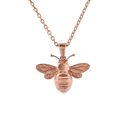 9 ct rose gold bee pendant necklace close‑up showing detailed wings and body