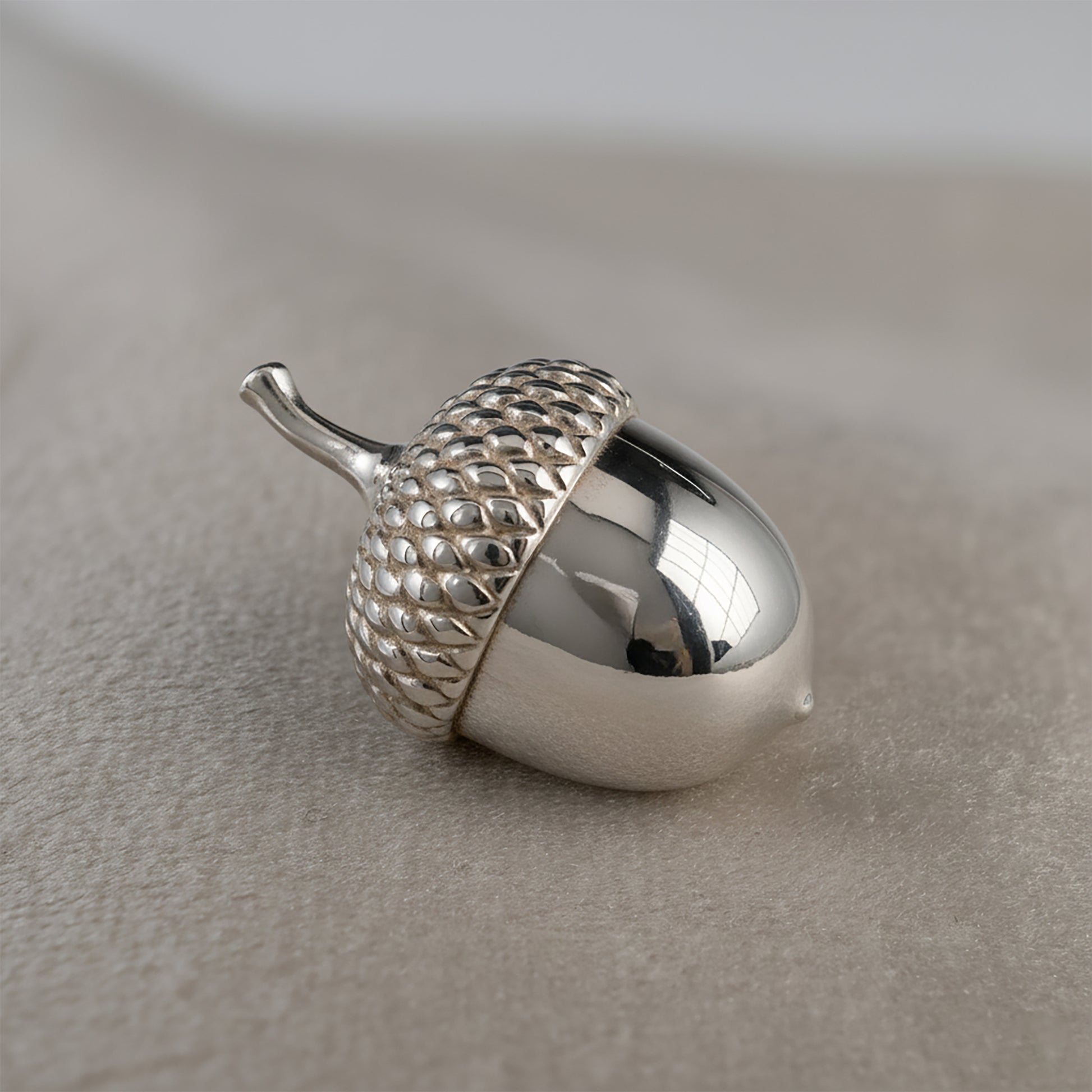 Silver acorn-ornament  on a neutral background