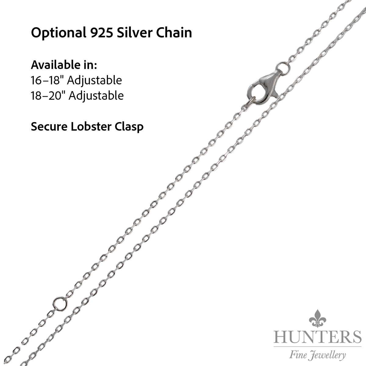 Sterling silver adjustable chain showing the individual links, lobster clasp and extension chain.