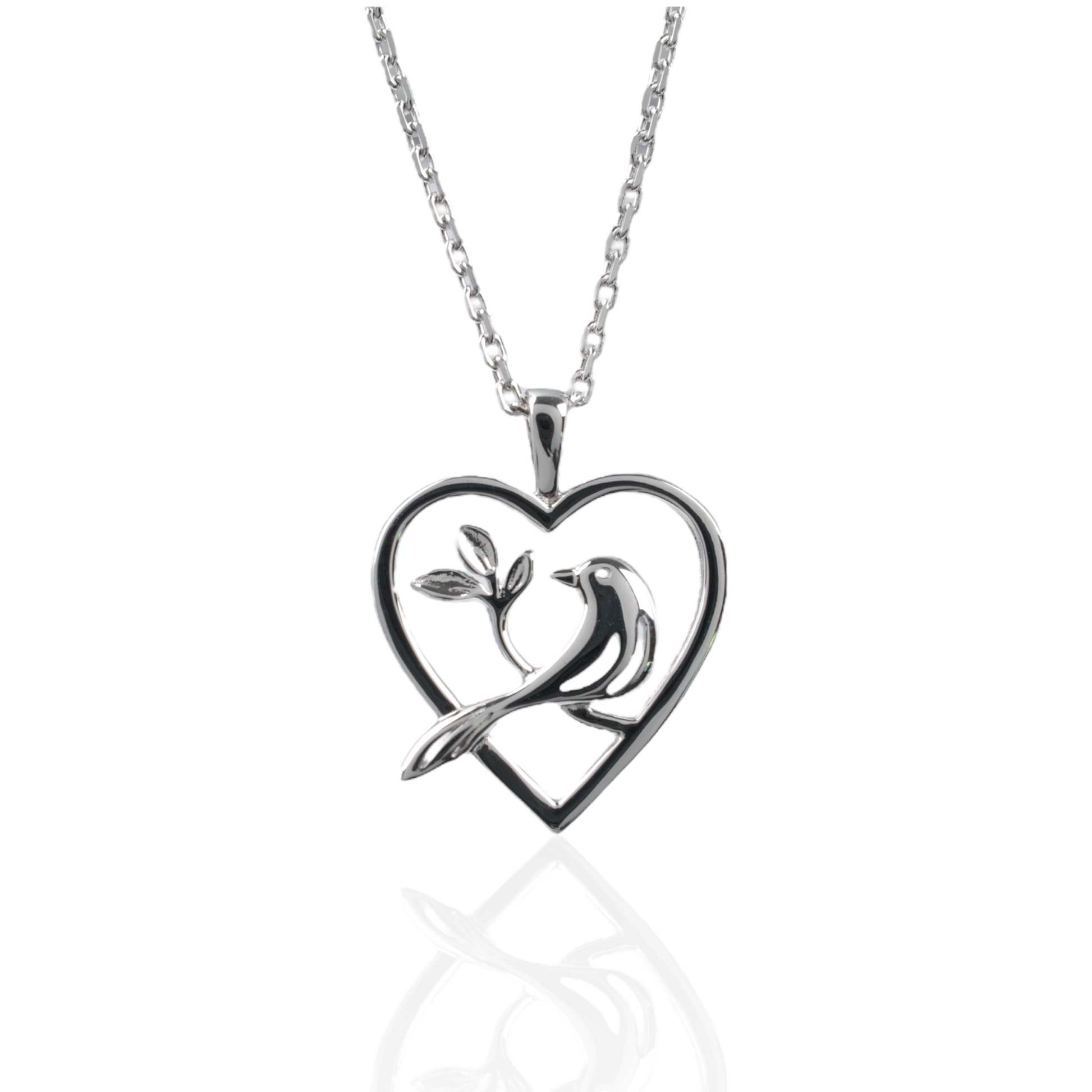 Sterling silver bird heart necklace pendant on white background