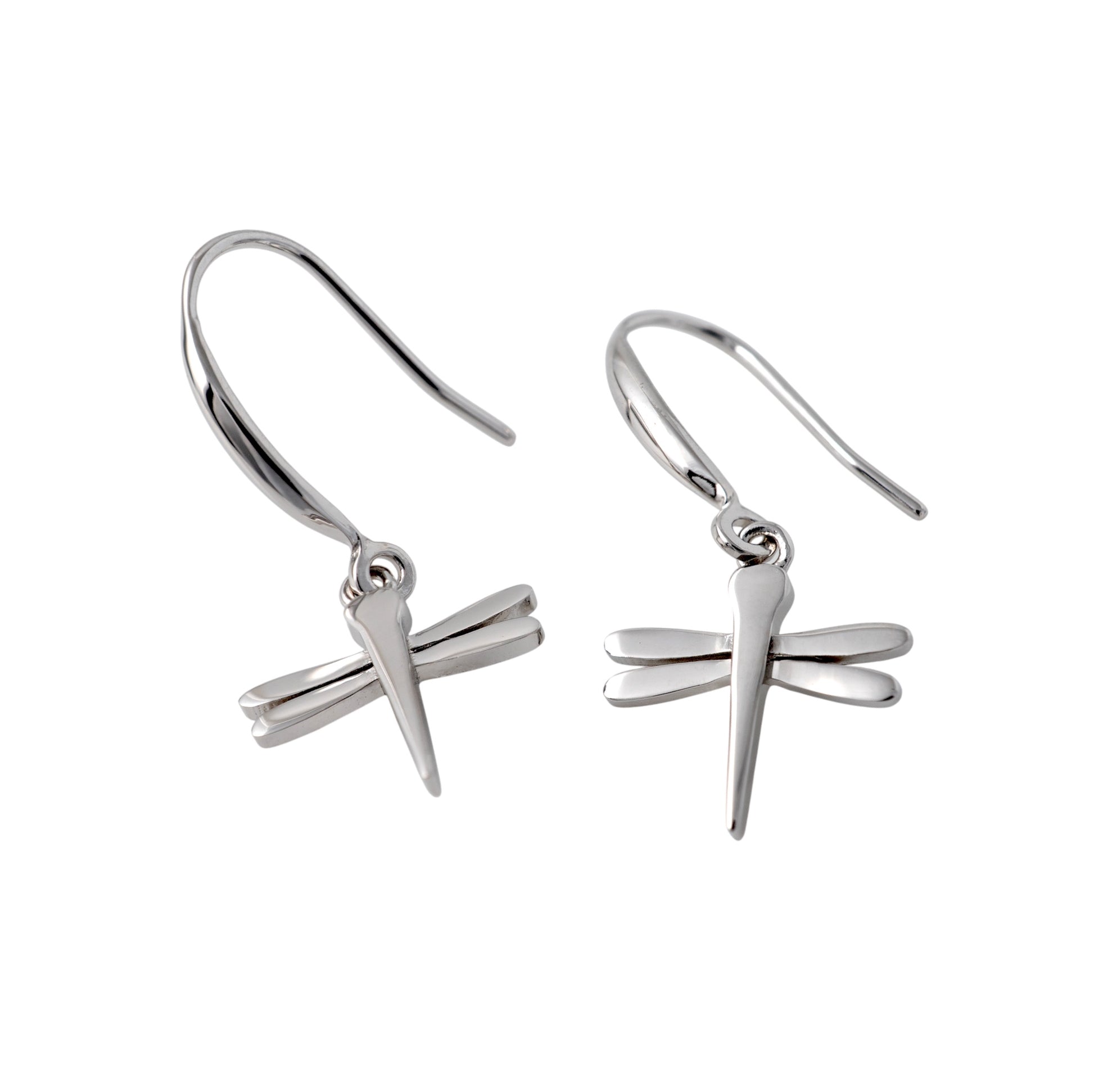 Silver dragonfly-shaped earrings on a white background