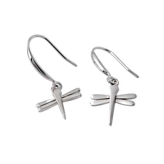 Silver dragonfly-shaped earrings on a white background
